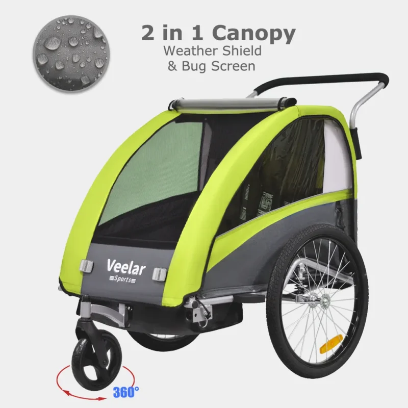 TIGGO VS 2 in 1 Kinderanhänger Jogger mit FederungFahrradanhänger Buggy für 1-2 Kinder 360° Drehbar (Grün) – Bild 3